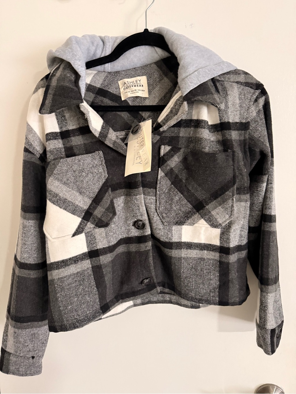 Ashley By 26 International Girls' Black & White Plaid Hooded Jacket